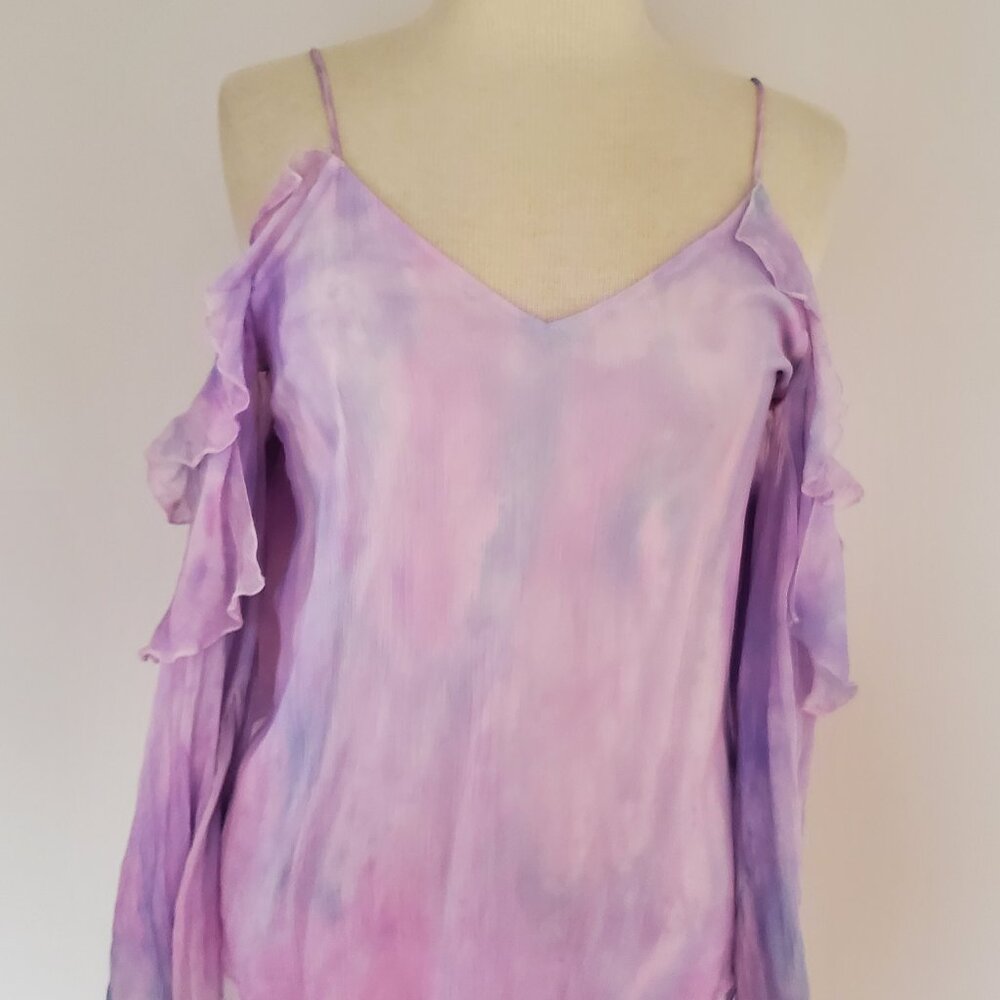 Haute Hippie silk shirt tanktop cami tie dyed camisole pink blue purple ruffle
